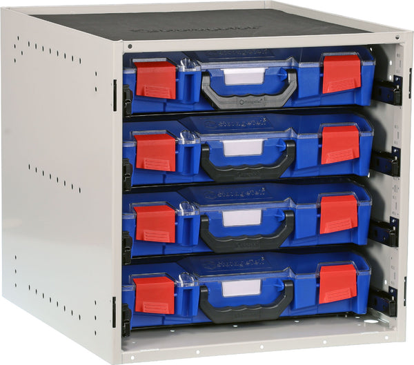 SCS4A-BL - StorageTek Cabinet complete with 4 small ABS cases with PC Lid Cases Fully Assembled- Blue Case