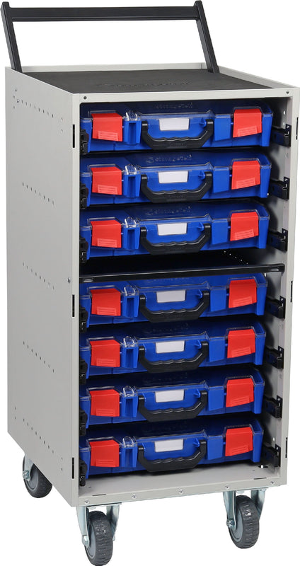 SCS7STA-BL - StorageTek Single Trolley Cabinet complete with 7 small ABS cases with PC Lid Cases Fully Assembled- Blue Case